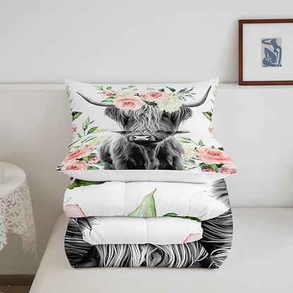 Highland Cow Bedding Set Kids Rose Floral Bull Cattle Comforter Set for Girls Teens Western Wildlife Animal Comforter Farmhouse Duvet Set Room Decor Quilt Set Twin Size