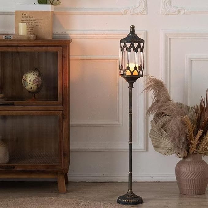 Vintage Floor Candelabra - 37.1" Tall Antique Gold Candle Holder with Glass Lantern, Rustic Gothic Metal Pillar Stand for Home Decor, Wedding & Event Centerpiece