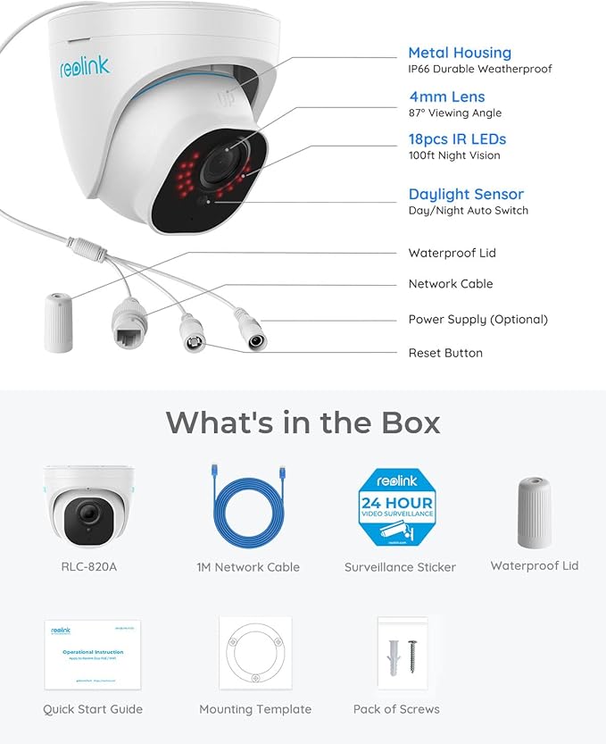 REOLINK 4K Security Camera Outdoor System, IP PoE Dome Surveillance Camera with Human/Vehicle Detection, 100Ft 8MP IR Night Vision, Work with Smart Home, Timelapse, Up to 256GB SD Card, RLC-820A