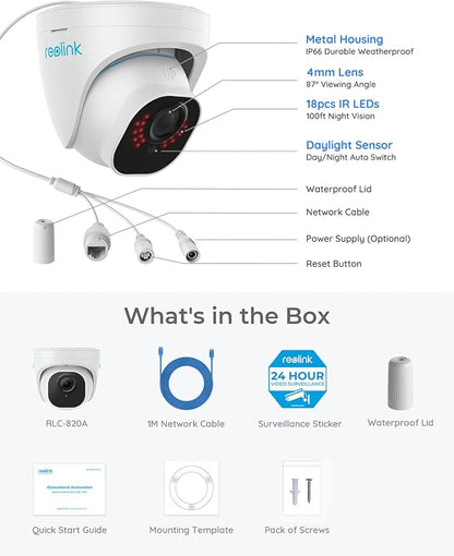 REOLINK 4K Security Camera Outdoor System, IP PoE Dome Surveillance Camera with Human/Vehicle Detection, 100Ft 8MP IR Night Vision, Work with Smart Home, Timelapse, Up to 256GB SD Card, RLC-820A