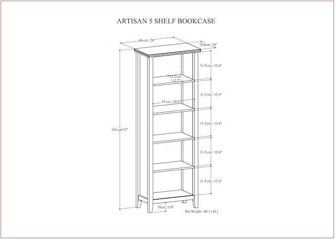 SIMPLIHOME Artisan SOLID WOOD 26 Inch Contemporary 5 Shelf Bookcase in White, For the Living Room, Study Room and Office