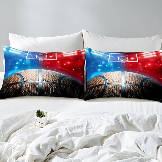 Erosebridal Basketball Comforter Set Full for Kids Boys Teens Men,Sport Basketball Bedding Set Ball Games Down Comforter Red Blue Basketball Court Quilt Duvet Set Sports Room Decor 2 Pillow Cases