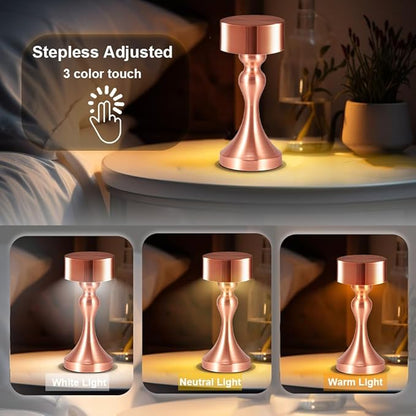 Portable Metal Desk Lamp, Cordless Metal LED Table Lamp,3 Color Touch Control Rechargeable Lamp,3-Levels Brightness Room Decor Desk Lamp,Bedside Lamp,Dining Room Lamp (Rose Gold)
