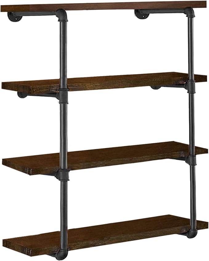 HITOMEN Industrial Iron Pipe Shelves, 2 Set 4-Tier, 42" Tall, 12" Depth, DIY Open Bookshelf Bookcase, Wall Mounted Vintage Retro Shelving, Rustic Farmhouse Pantry Kitchen Storage, Black Shelf Brackets