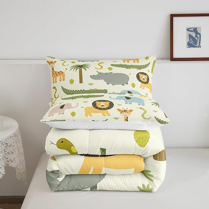 Feelyou Nursery Cute Wild Animals Bedding Set for Girls Boys Child Kids Cartoon Lion Giraffe Crocodile Comforter Decor Nature Wildlife Comforter Set Zoo Animal Theme Duvet Set Queen Size Quilt Set