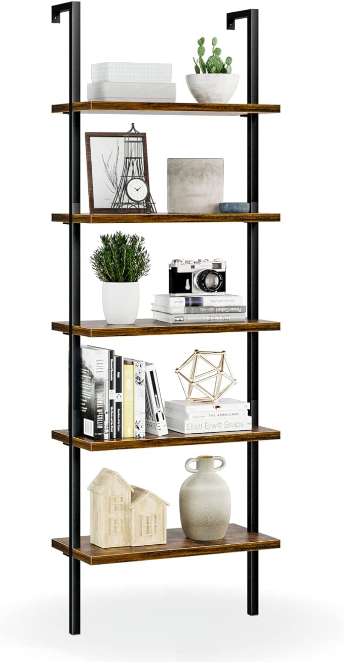 NUMENN 5 Tier Book Shelf, Industrial Ladder Shelf, Open Space Wall Mount Bookshelf with Metal Frame, Sturdy Book Shelves, Bookcase for Living Room, Home Office Shelf, Vintage Brown