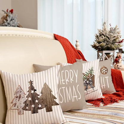 GEEORY Christmas Pillow Covers 16 x 16 Inch Set of 4, Striped Wooden Tree Snow Sleigh Merry Bright Xmas Holiday Decor Decorative Throw Cushion Case Decoration for Home Party Sofa Couch (Brown)