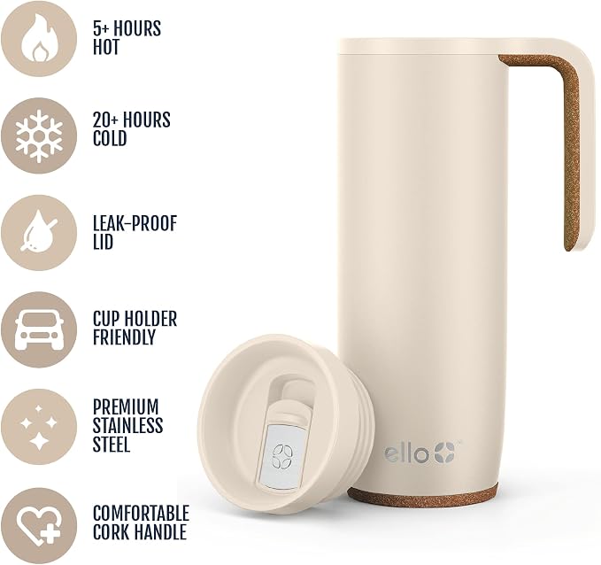 Ello Magnet 18oz Vacuum Insulated Stainless Steel Travel Mug with Side Handle and Leak-Proof Slider Lid and Built-in Coaster, Keeps Hot for 5 Hours, Perfect for Coffee or Tea, BPA-Free