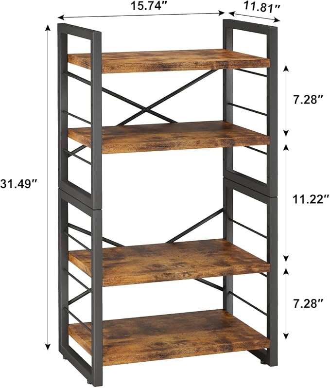 Bookshelf, 4 Tier Stackable Bookcase, Adjustable Industrial Book Shelf Storage Organizer for Desktop, Living Room, Bedroom, Office(Rustic Black and Brown)