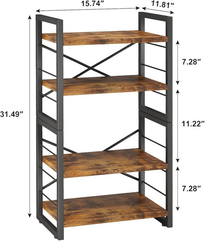 Bookshelf, 4 Tier Stackable Bookcase, Adjustable Industrial Book Shelf Storage Organizer for Desktop, Living Room, Bedroom, Office(Rustic Black and Brown)