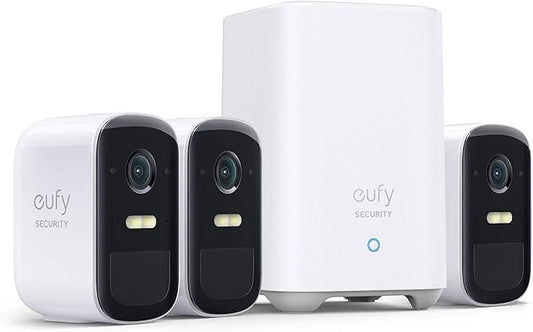 eufy security, eufyCam 2C Pro 3-Cam Kit, Wireless Home Security System with 2K Resolution, 180-Day Battery Life, HomeKit Compatibility, IP67, Night Vision, and No Monthly Fee.