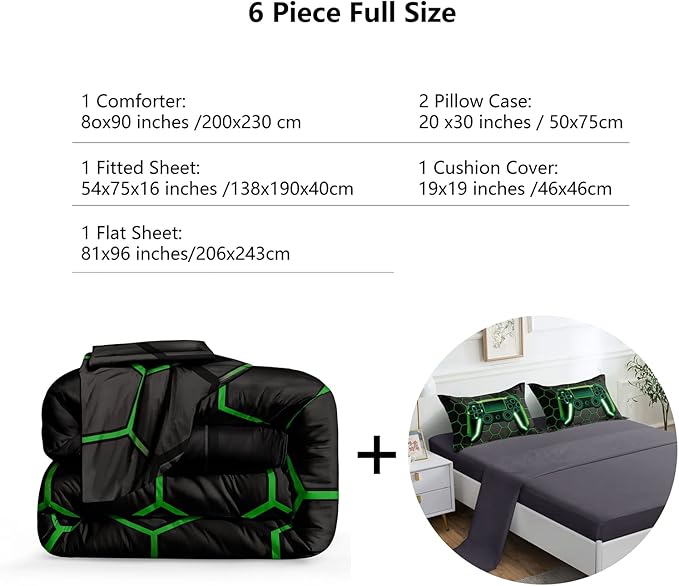 6 Pieces Gaming Bedding Set for Boys Gamer Comforter Set Full Size,Video Game Comforter for Kids Adult 3D Gaming Geometric Microfiber Bedding Sets 6 Pieces Bed in A Bag Sets H50021,Full