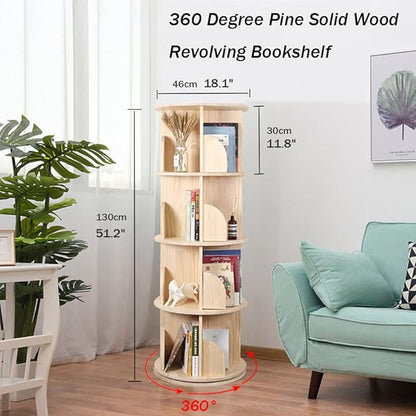 Rotating Bookshelf 360 Degrees, 4 Tier Stackable Solid Wood Bookshelf Organizer, Storage Display Rack Floor Standing Bookcase for Kids&Adults (51"x18"x18")…
