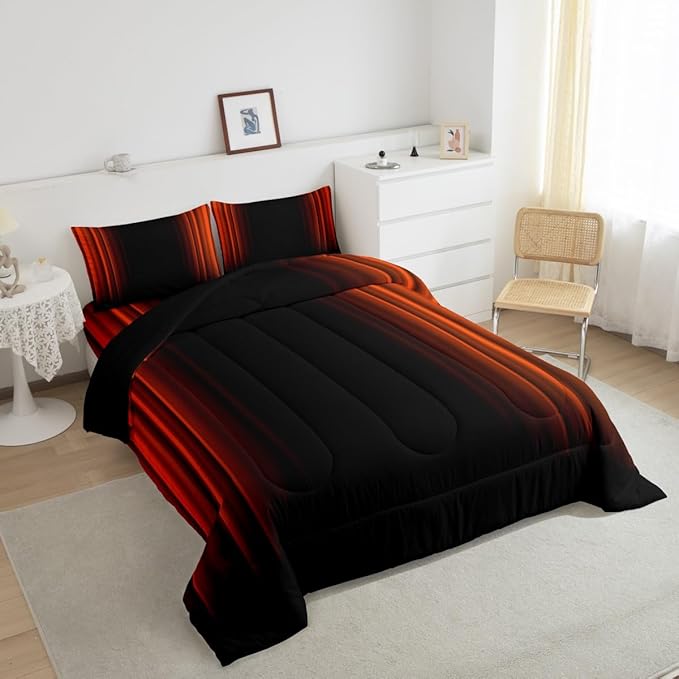 Geometric Abstract Ombre Comforter Set Kids Teens Orange Red and Black Striped Bedding Bed Set Decor Modern Fashion Comforter Inner Fill Bedroom Collection 3Pcs King Size