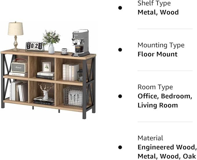 FATORRI 6 Cube Storage Organizer with Shelf, Long Wood and Metal Cubby Bookcase, Industrial Horizontal Bookshelf (Rustic Oak, 47 Inch)