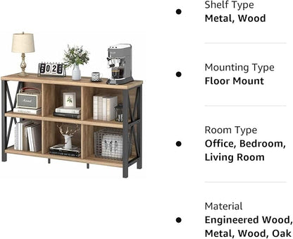 FATORRI 6 Cube Storage Organizer with Shelf, Long Wood and Metal Cubby Bookcase, Industrial Horizontal Bookshelf (Rustic Oak, 47 Inch)