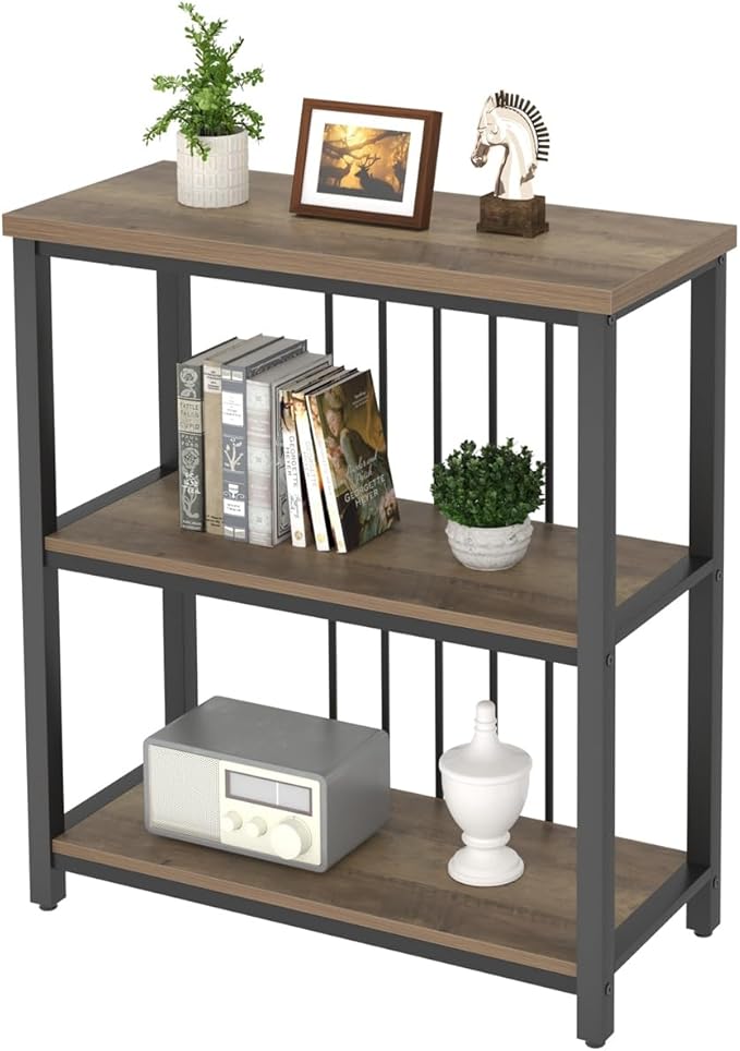 FOLUBAN Small Bookshelf and Bookcase, 3 Tier Open Book Shelf, Modern Metal and Wood Shelving Unit for Living Room Bedroom, Oak