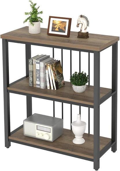 FOLUBAN Small Bookshelf and Bookcase, 3 Tier Open Book Shelf, Modern Metal and Wood Shelving Unit for Living Room Bedroom, Oak