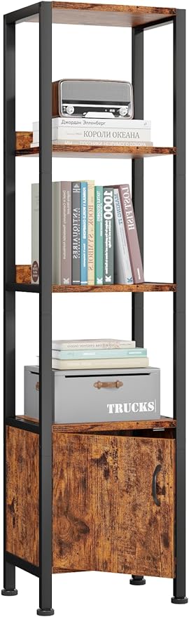 Furologee 5-Tier Bookshelf, Narrow Shelf with Storage Cabinet for Bedroom, Metal and Wood Shelf, Industrial Freestanding Display Tall Shelf for Living Room, Home Office, Bathroom, Rustic Brown