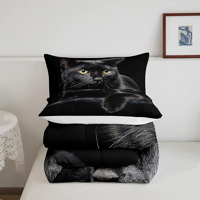 Cat Comforter Bedding Set Twin For Girls Kids,Black Cat Lying On The Black Sofa Pattern Printed Bedding Set,Black Comforter Set,Pet Animal Comforter Soft Breathable Microfiber Quilt With 1 Pillowcase
