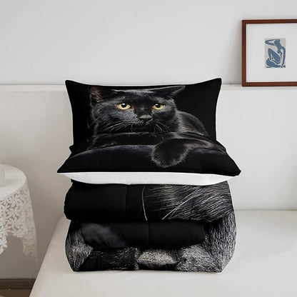 Cat Comforter Bedding Set Twin For Girls Kids,Black Cat Lying On The Black Sofa Pattern Printed Bedding Set,Black Comforter Set,Pet Animal Comforter Soft Breathable Microfiber Quilt With 1 Pillowcase
