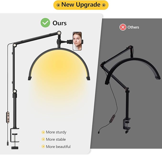 Yofuly Half Moon Light for Lashes, LED Nail Desk Lamp, Esthetician Light for Tattoo Artists, Nail Tech, Eyelash Lamp with Phone Holder, 10 Brightness Adjustable (Black)
