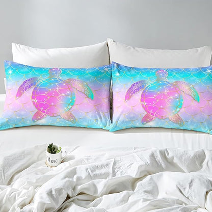 Erosebridal Mermaid Scales Comforter Set for Girls, Tortoise Reptile Bedding Set Twin Size, Sea Turtle Ocean Life Duvet Sets for Kids Children Boys Women, Sweet Girly Down Comforter, Teal Blue
