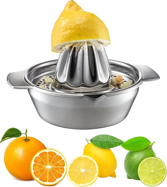 Lemon Orange Squeezer, Manual Juicer Stainless Steel Citrus Juicer Hand Press Lemon Squeezer with Bowl Juicer Strainer