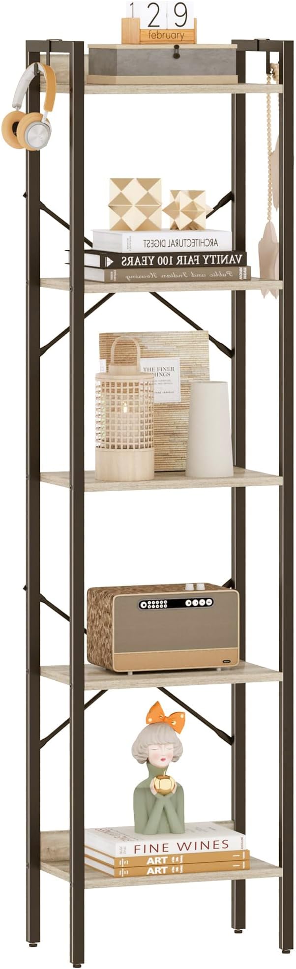 Bookshelf, Book Shelf, Industrial Bookcase with 2 Hooks, Coner Shelf Storage Organizer for Home Office, Living Room, Bedroom, Kitchen, 5-Tier Greige BC10505B