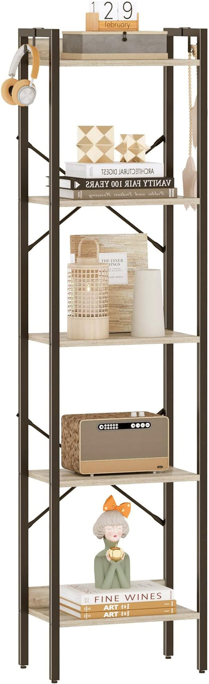 Bookshelf, Book Shelf, Industrial Bookcase with 2 Hooks, Coner Shelf Storage Organizer for Home Office, Living Room, Bedroom, Kitchen, 5-Tier Greige BC10505B