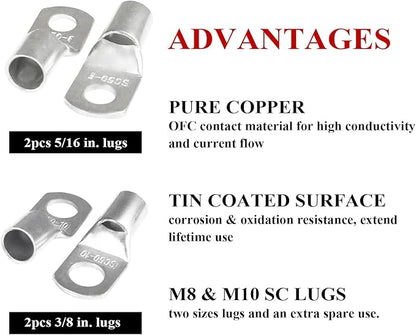 2 Gauge Battery Welding Cable (Black, 2 Feet) - 2 AWG Copper Clad Aluminum Power Wire with M8 & M10 Copper Cable Lug Ends for Auto, Camper, RV, Truck, Solar Low Voltage Jumper Wiring