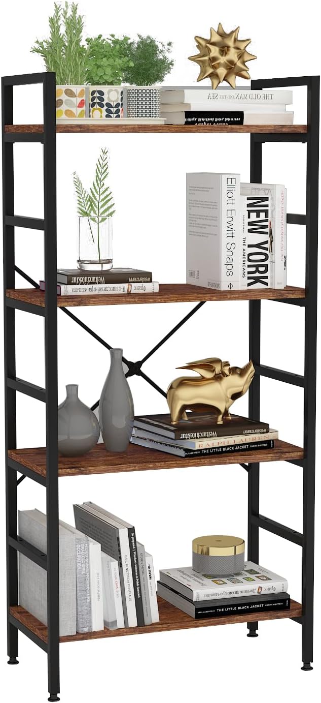 4 Tier Industrial Book Shelf,Modern Small Book Case for Books, Garage Kit, CDs, Movies, Standing BookShelves Display Rack for Bedroom/Living Room/Home Office - Rustic Brown Wood Bookcase