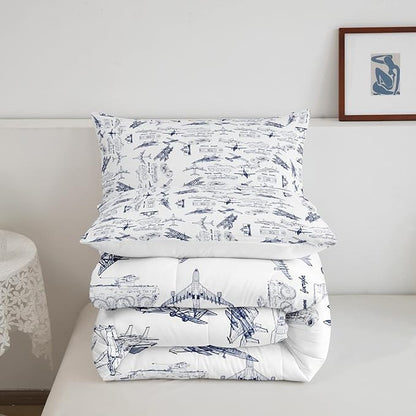 Feelyou Aircraft Bedding Set Kids Airplane Print Comforter Set Boys Girls Decor Aircraft Flying Comforter Cover Set Microfiber Sketch Style Blue White Duvet Set Bedroom Quilt Set Twin Size