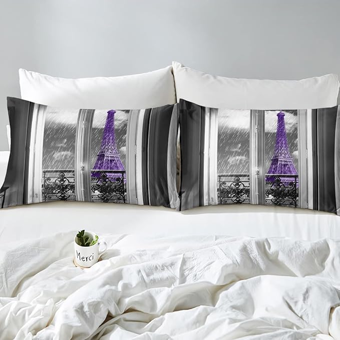 Erosebridal Purple Eiffel Tower Comforter Set Queen,vintage France Paris Bedding Set for Girls Teens Women Retro City Building Down Comforter Romantic Rainy Day Quilt Set 2 Pillow Cases Bedroom Decor