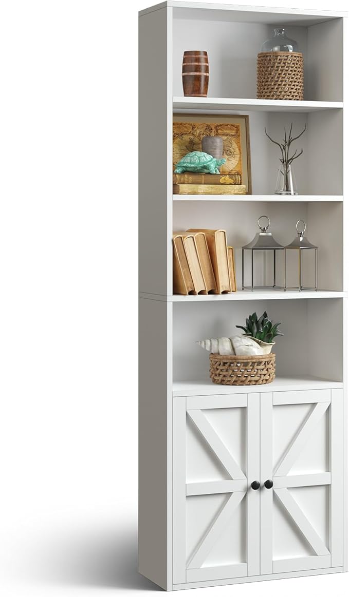 oneinmil 6 Tier Bookshelf and Bookcase, Wooden Bookshelves with Cabinet Doors, Floor Bookshelves and Office Storage Cabinets for Home Office, Living Room,White