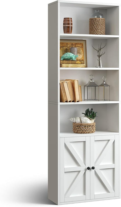 oneinmil 6 Tier Bookshelf and Bookcase, Wooden Bookshelves with Cabinet Doors, Floor Bookshelves and Office Storage Cabinets for Home Office, Living Room,White