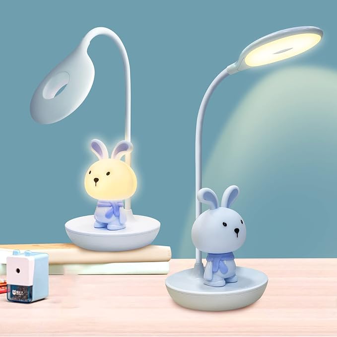 Kids Desk Lamp Pink, Dimming Desk Lamp for Girls with Exclusive Cartoon Look, Cute Night Light for Kids Bedroom, Eye-Caring LED Portable Reading Lamp for Child, Unique Gift (Blue Rabbit)