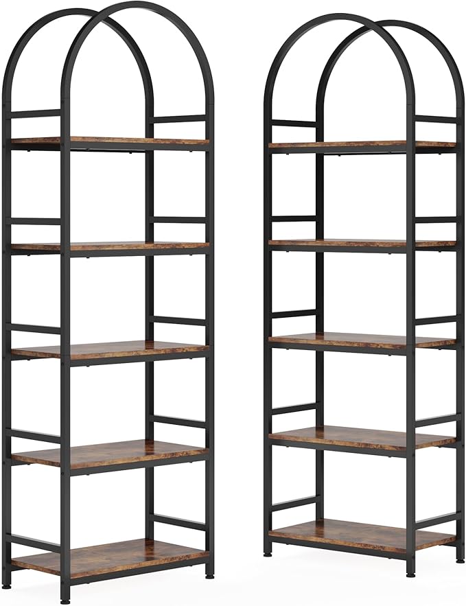 Tribesigns 5-Tier Open Bookshelf, 74.4" Wood Bookcase Storage Shelves with Metal Frame, Freestanding Display Rack Tall Shelving Unit for Office, Bedroom, Living Room, Easy Assembly(Brown, 2PCS)