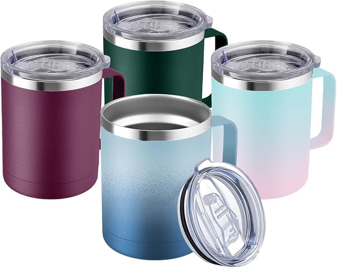 MEWAY 12oz Coffee Mug With Handle 2 Pack Bulk,Stainless Steel Insulated Travel Tumblers With Sliding Lid,Double Wall Vacuum Camping Cup for Hot & Cold Drinks Tea (Forest Green&Plum,Set of 4)