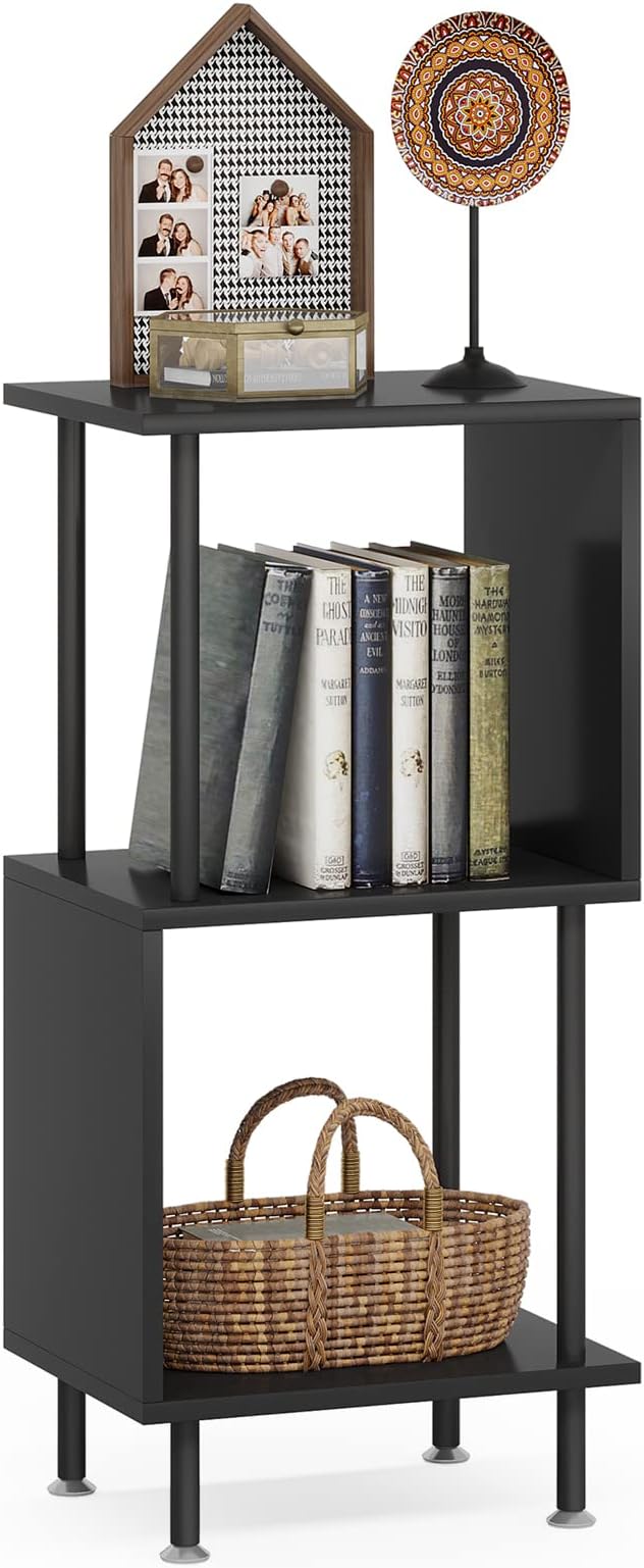 3 Tier Modern Bookshelf, S-Shaped Bookcase,Small Book Shelf for Small Spaces, Unique Bookshelf for Storage Organizer Living Room Bedroom Home Office, Black