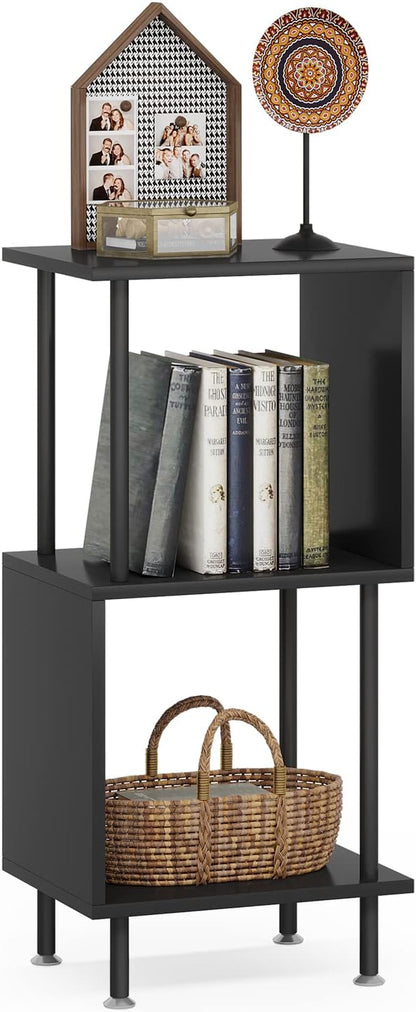 3 Tier Modern Bookshelf, S-Shaped Bookcase,Small Book Shelf for Small Spaces, Unique Bookshelf for Storage Organizer Living Room Bedroom Home Office, Black