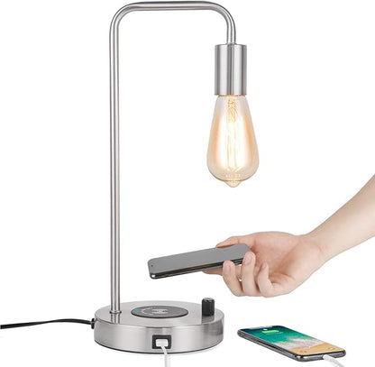 USB Desk Lamp – Table Lamp with Wireless Charging Pad and USB Port, Edison Bedside Nightstand Lamp with Metal Base for Guestroom Bedroom Living Room Office, Satin Nickel