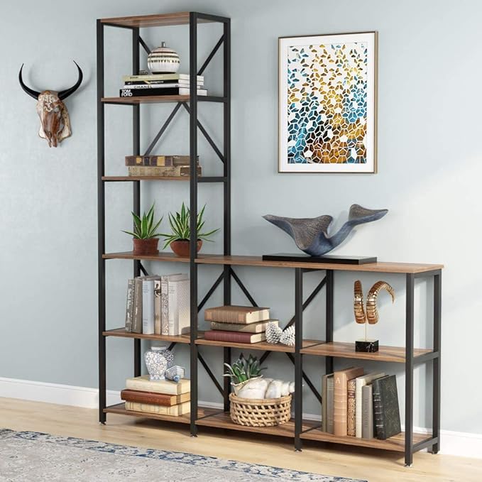 Tribesigns 9 Shelves Bookshelves, Industrial Ladder Corner Etagere Bookcase, Rustic 6-Tier Display Open Shelf Storage Organizer for Living Room