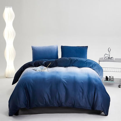 Wellboo Gradient Blue Velvet Comforter Queen Fluffy Blue White Bedding Comforters Women Men Ocean Sea Blue Velvet Quilts Modern White and Sky Blue Gradient Flannel Bed Abstract Art Watercolor Bed