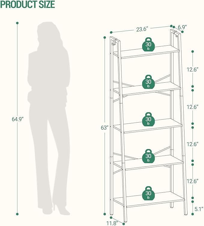 Ladder Shelf, Bookshelf Bookcase, Freestanding Corner Storage Shelve with 2 Hooks for Home Office, Living Room, Kitchen, Bedroom, Industrial, 5-Tier Greige BC19305B