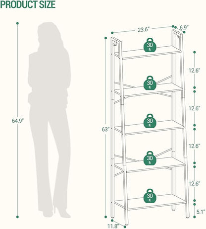Ladder Shelf, Bookshelf Bookcase, Freestanding Corner Storage Shelve with 2 Hooks for Home Office, Living Room, Kitchen, Bedroom, Industrial, 5-Tier Greige BC19305B