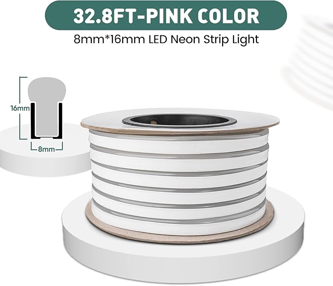 GZBtech Flexible LED Neon Rope Lights 33FT,AC 110-120V Waterproof Strip Light, 120 LEDs/M Cuttable Connectable Neon Lighting for Indoor Outdoor Home Decor/Commercial Building Use-Pink 10M