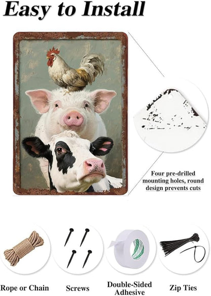 Metal Signs A Pig Cow Chicken Vintage Tin Sign for Home Office Kitchen Bar Cafe Garden Farmhouse Chicken Coop Wall Decor 12x8 Inch