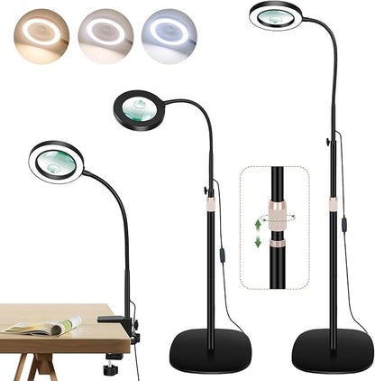 10X&5X Magnifying Glass with Light, 3-in-1 Magnifying Floor Lamp, Flexible Goose Neck, 3 Color Modes 10 Levels Dimmable LED Lighted Magnifier Lamp for Home Office Close Wrok Reading Hands Free