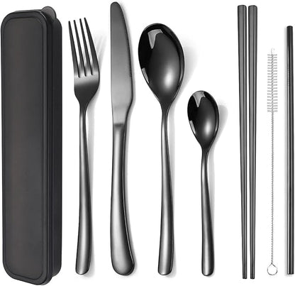 AARAINBOW 6 Pieces Stainless Steel Flatware Set Portable Reusable Cutlery Set Travel Utensils Set Including Chopsticks Knife Fork Spoon Straws Cleaning Brush Dishwasher Safe (7 Black)